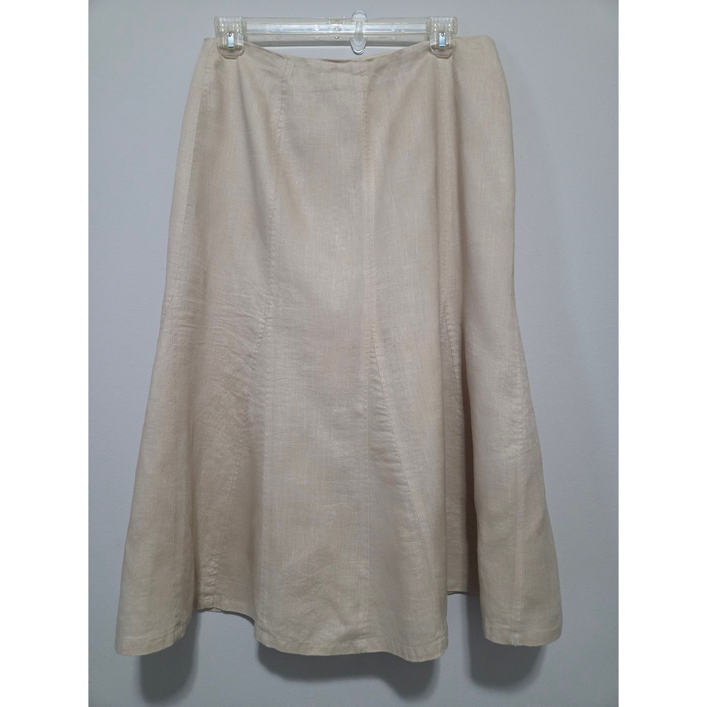 Kim Rogers Signature Womens Tan 100% Linen Paneled A-Line Midi Skirt Size 14